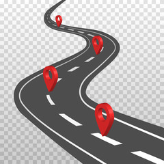 Curved road with white markings and red pin pointers.  Road way location infographic template. Highway in aerial perspective. Vector illustration isolated on transparent background. 