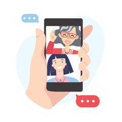 Video call concept. Family with grandmother and granddaughter are having video call using the smartphone. Human hand hold device with people on screen. vector flat cartoon illustration