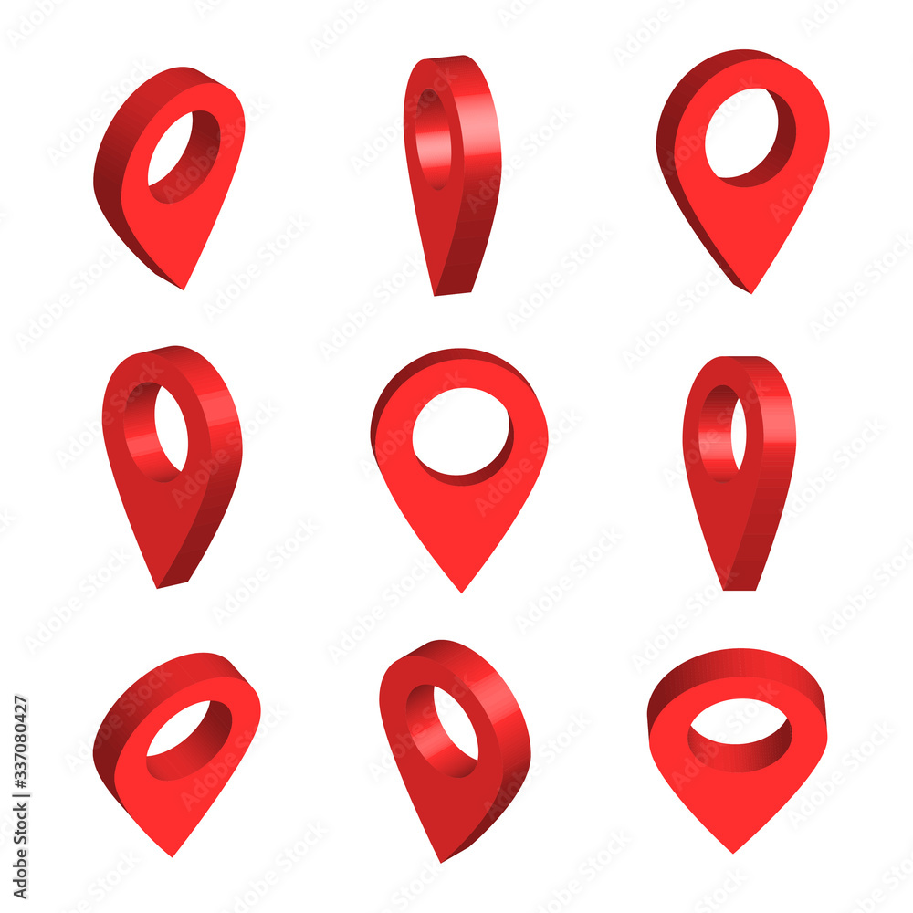 Poster isometric set of red pinpoints. map pointer 3d pin. location on a global map. vector illustration is