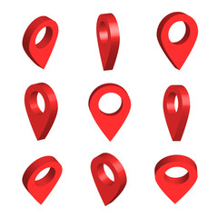 Fototapeta premium Isometric set of red pinpoints. Map pointer 3d pin. Location on a global map. Vector illustration isolated on white background. 