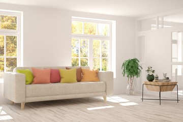 White living room with sofa. Scandinavian interior design. 3D illustration