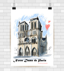 Beautiful hand drawn sketch vector illustration Notre Dame de on wool.