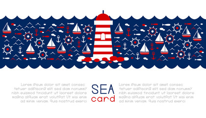 Marine horizontal banner with decorative border. Vector background in blue and red colors in sea style.