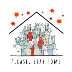 Obraz premium Stay At Home, Quarantine Concept. Big Rabbits Family at House. Sketch for your design
