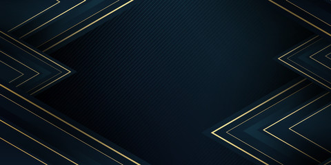 Black gold vector luxury tech background. Stack of black paper material layer with gold stripe. Arrow shape premium wallpaper with modern corporate concept