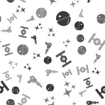 Set Death star, Falling star, Cosmic ship and Ray gun on seamless pattern. Vector