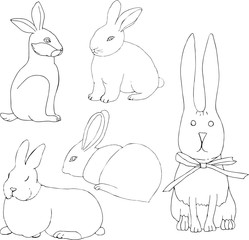 Fototapeta premium Bunny 5 Vector hand drawn rabbits isolated on white background. Bunny with bow.