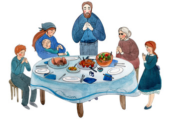 
Watercolor illustration "Easter at home, the family prays for the holiday at home, at the festive meal"