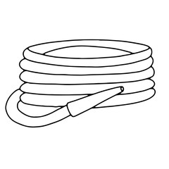 Hand drawn vector isolated hose icon. Black outline illustration of garden water hose. Gardening tool. 