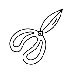 Hand drawn vector isolated plants scissors icon. Black outline illustration of gardening tool. 