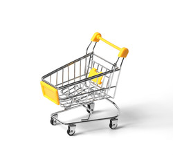 empty shopping trolley isolated on white background. close-up of shopping cart on white background...