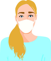 Beautiful Scared Young Woman wearing protective medical face mask, face only wide eyes, flat digital vector illustration