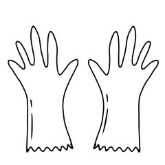 Hand drawn vector isolated gloves icon. Black outline illustration of garden latex gloves. Gardening tools. 