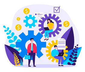 Teamwork strategy for office flat vector illustration. Tiny people with computers seating at big cogwheel. Organization, business mechanism and company mission concept.