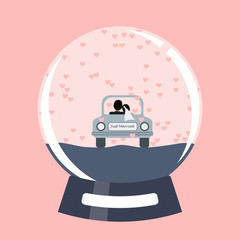 Obraz premium Vector cartoon illustration of a newlywed couple car ride in a snow globe