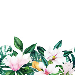 Watercolor magnolia and leaves seamless border, hand drawn © nurofina