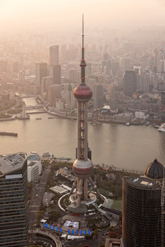 Shanghai city skyline at sunset