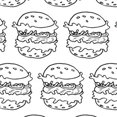 American fast food. Seamless pattern with burgers on white background. Vector illustration for any design. Doodle style.