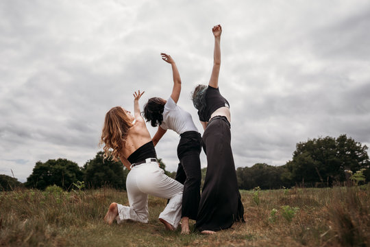 Group of expressive women dancing in field