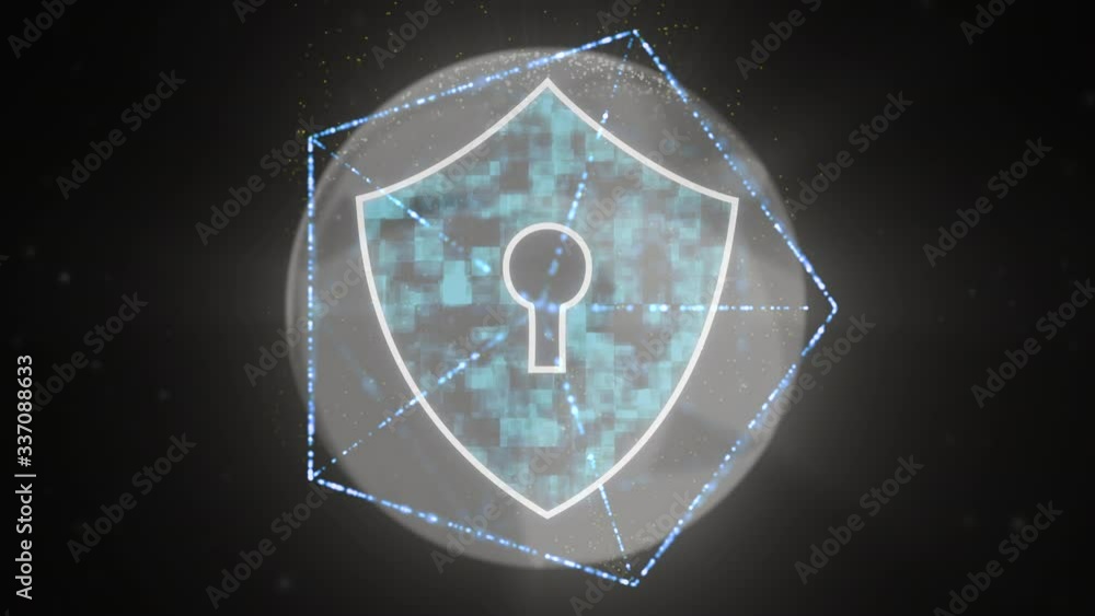 Poster padlock icon inside hexagon 3d frame full of deep fog over darkness.