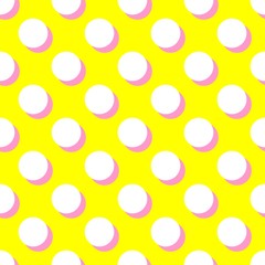 Tile vector pattern with white polka dots and pink shadow on yellow background