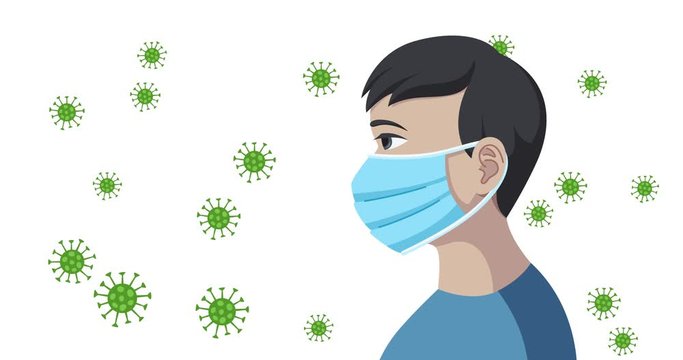 Coronavirus flies in the air around a man in a medical mask. Coronavirus precautionary vector animation. White background.