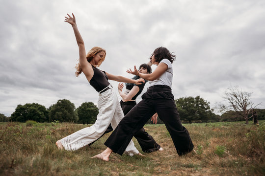 Group of expressive women dancing in field