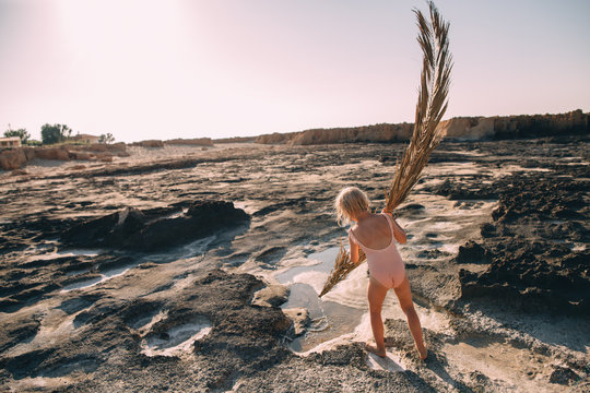 Little girl and palm leaf on the rocky coast