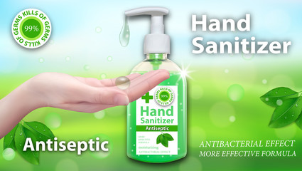 Hand Sanitizer gel ads. Antiseptic hand gel in bottles with dispenser. Horizontal banner Best protection against viruses, with leaves elements. Vector
