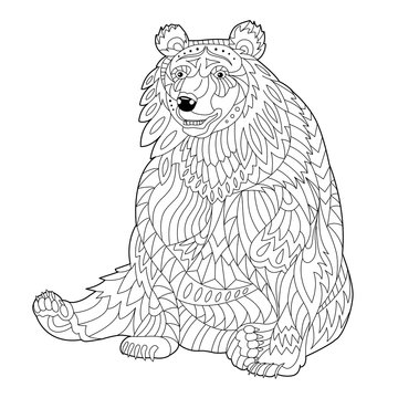 Bear coloring page for adult and children. Black and white creative animal. 