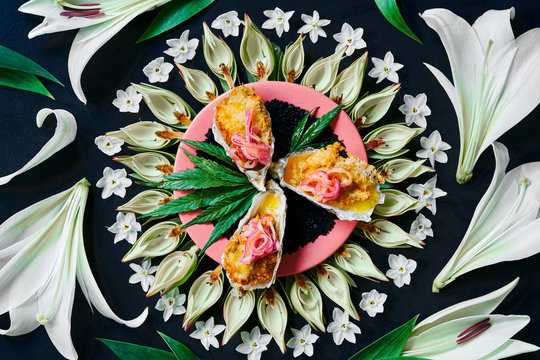 Oysters deep fried in cannabis butter and flowers