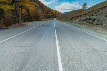 Road in the autumn mountains. Altai, Siberia, Russia. Yellow autumn forest and mountains with...