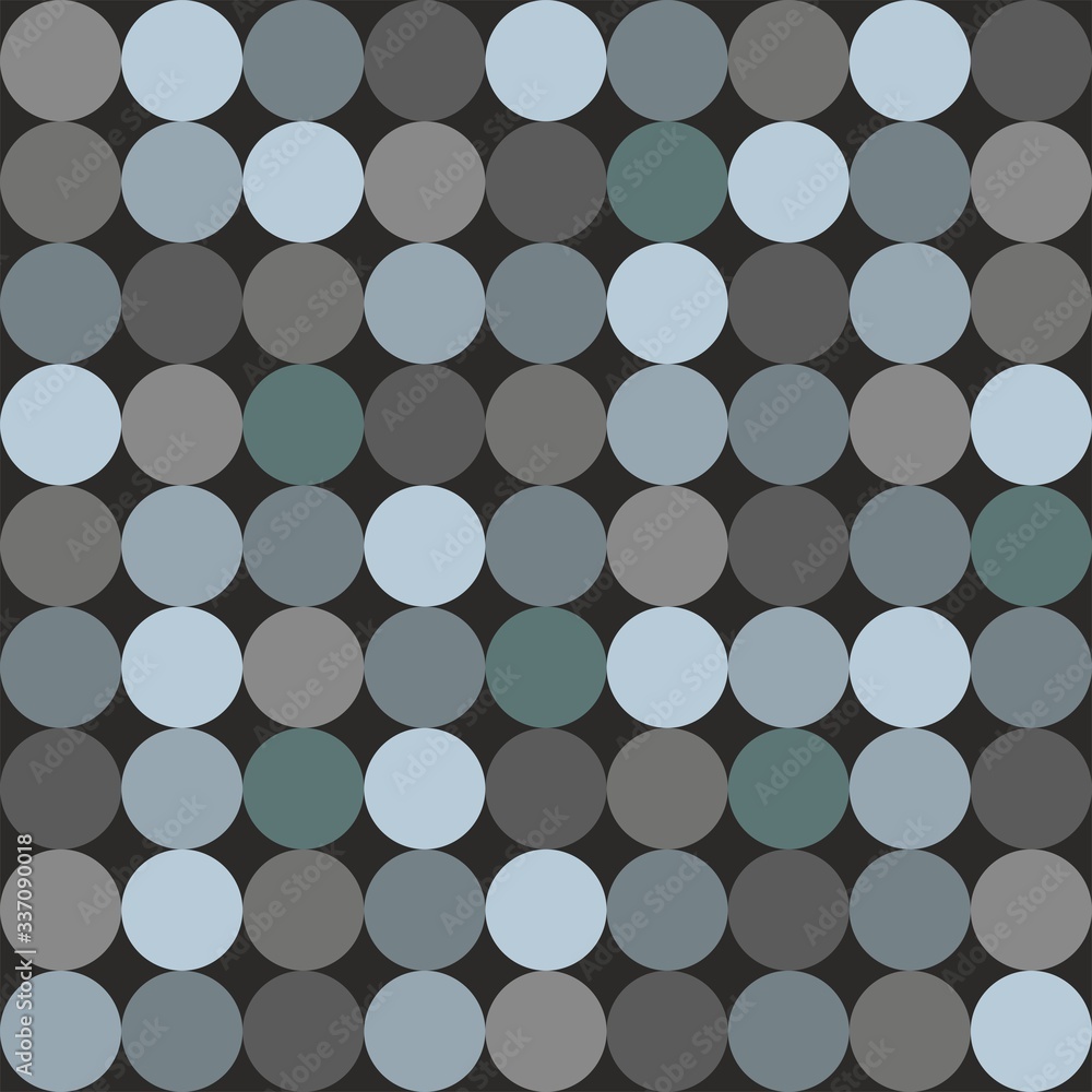 Poster tile vector pattern with big blue and grey polka dots on black background