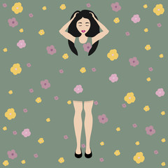 Obraz na płótnie Canvas Beautiful girl on a green background with flowers.Vector.