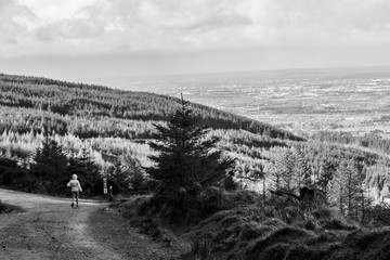 Back view of a young woman hiking in Irish forest. Hiking girl is walking in gloomy mystical and dark forest - thriller scene. Wide-angle lens, selective focus.