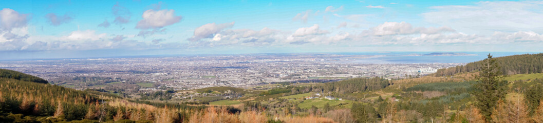 Stunning panoramic view of Dublin city and port from Ticknock, 3rock, Wicklow mountains. Gorse and forest plants in foreground during calm weather