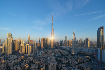 Aerial view of Burj Khalifa in Dubai Downtown skyline and fountain, United Arab Emirates or UAE....