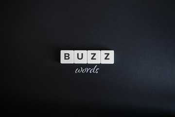 Buzzwords concept. Block letters and cursive font on black background. Minimal aesthetics.