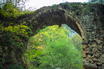 Old historical stone bridge in forest.