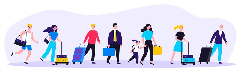Happy tourists with suitcases walking together flat vector illustration. Group of people travelling abroad. Family with bags going from airport. Men and women during trip. Tourism and journey concept