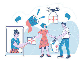 Online shopping, internet purchasing and fast delivery service with cartoon people getting parcel boxes. Web sales, business and electronic commerce banner template. Vector illustration isolated.