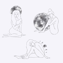 Girls with watercolor moon on grey background. Line women body