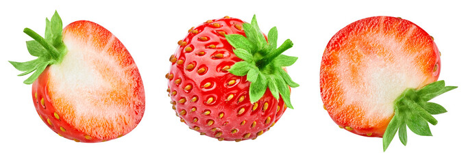 Set of strawberry isolated on white background. Close-up of strawberry. Strawberry collection clipping path.