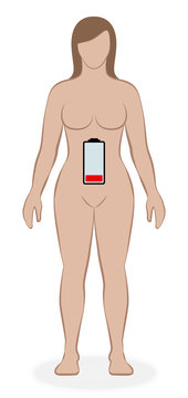 Female body with empty battery, symbolic for decreasing energy, health, fitness, power, vitality or youthfulness. Isolated vector illustration on white background.
