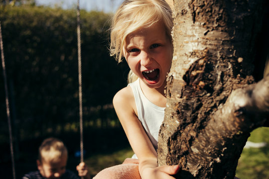 Little Girl Climbing A Tree
