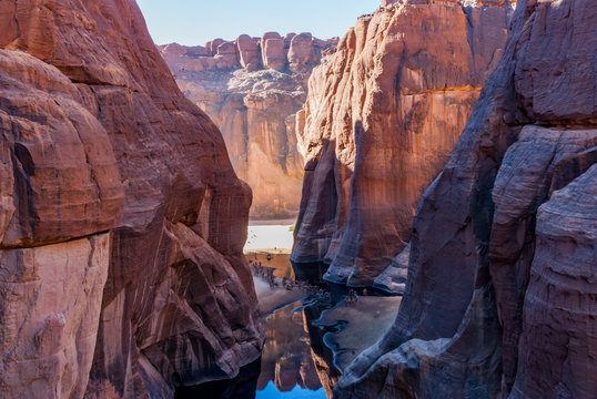 Guelta d'Archei waterhole near oasis, camels dringing the woater, Ennedi Plateau, Chad, Africa