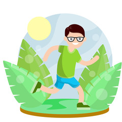 Young man in Shorts and t-shirt. Running and sports. Active lifestyle. Movement and walking. Cartoon flat illustration. Park and nature. Leaves of plants. Summer season.