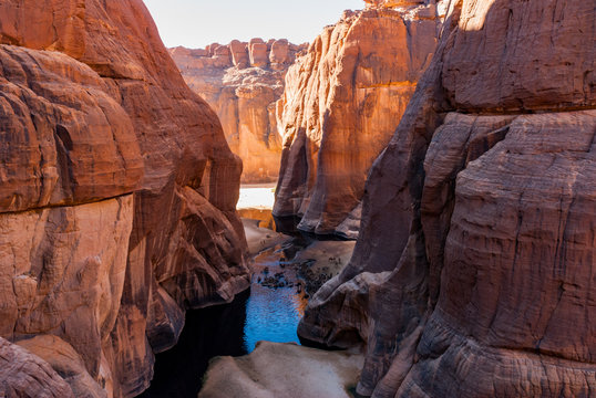 Guelta d'Archei waterhole near oasis, camels dringing the woater, Ennedi Plateau, Chad, Africa