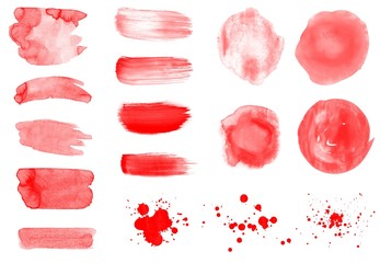 Abstract red watercolor blots, drops, smear and strokes brushes illustration. Beautiful set of watercolor brushes. Vector brushes for painting