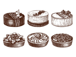 Fruit and berry desserts collection. Hand drawn baking cakes and pies. Homemade fruit dessert recipe drawing. Sweet bakery set. Top view cakes for food delivery, homemade recipe, cafe menu design.